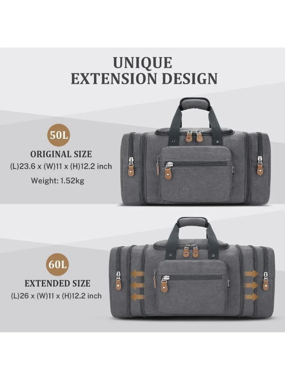 Expandable 60L Canvas Duffle Bag - Stylish Travel Overnight Weekender Tote